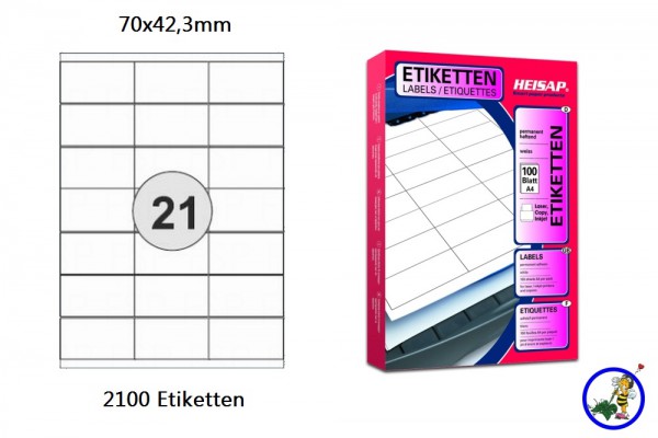 2100 Universal Drucker-Etiketten 70x42,3 Weiß permanent 100 Bogen A4 HEISAP 13 